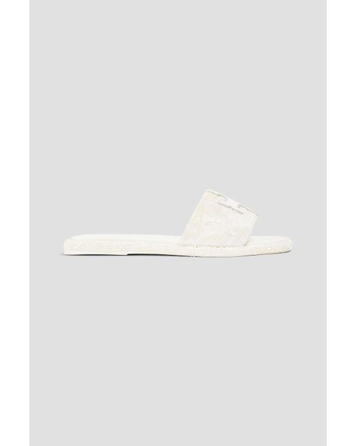 Tory Burch White Double T Leather And Terry Slides