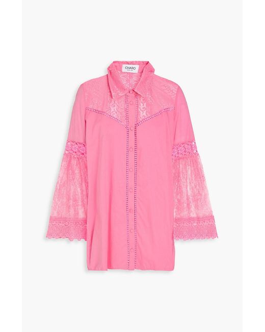 Charo Ruiz Pink Phine Corded Lace-Paneled Cotton-Blend Shirt