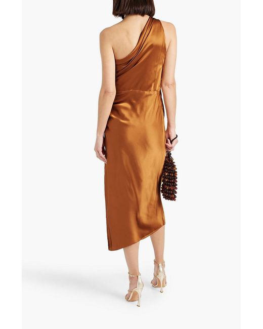 Michelle Mason Orange One-shoulder Ruched Silk-satin Midi Dress