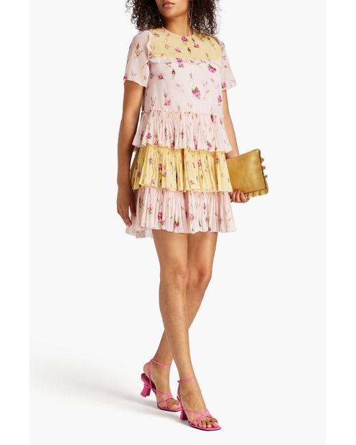 RED Valentino Pink Tiered Paneled Floral-print Georgette Mini Dress