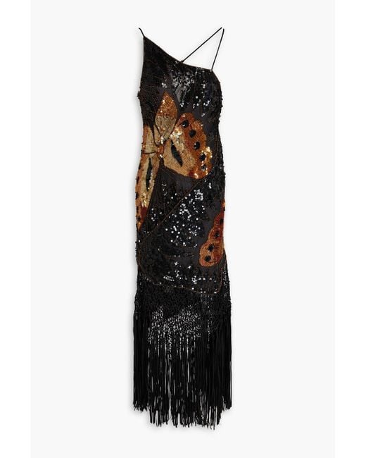 Conner Ives Black Fringed Sequin-embellished Silk-satin Gown