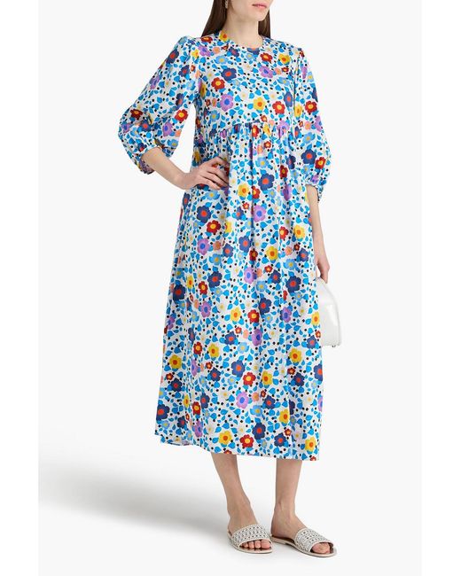 Borgo De Nor Blue Vanessa Floral-Print Cotton-Sateen Midi Dress