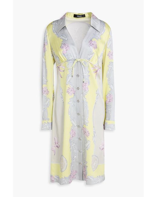 Versace White Belted Printed Silk-Twill Shirt Dress