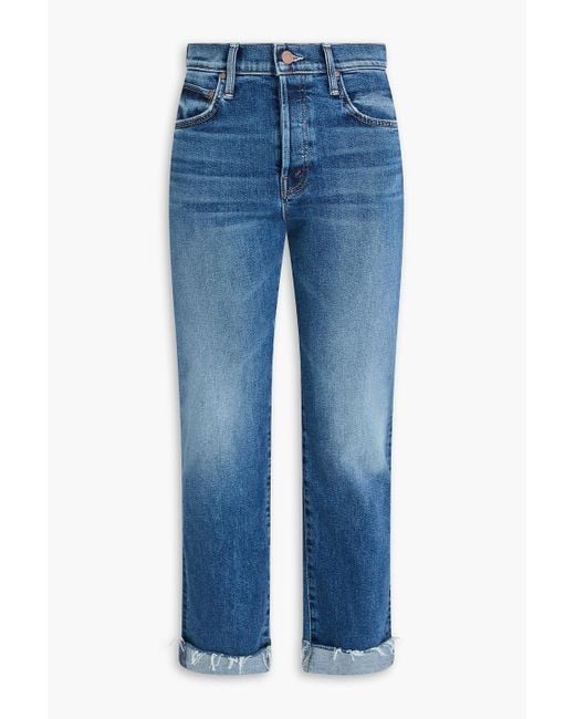 Mother Blue Scrapped Cropped High-Rise Straight-Leg Jeans