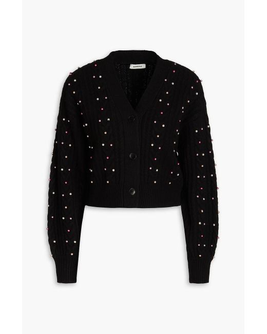 Sandro Black Destiny Cropped Faux Pearl-embellished Cable-knit Wool Cardigan