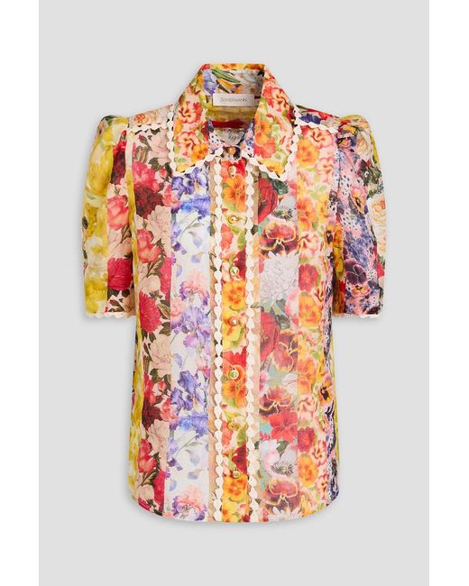 Zimmermann Orange Raffia-trimmed Floral-print Ramie Shirt