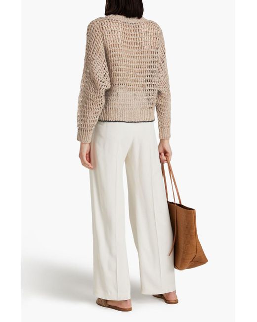 Brunello Cucinelli Natural Embellished Open-knit Linen And Silk-blend Sweater