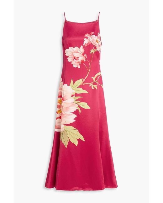 LEO LIN Pink Regina Fluted Floral-Print Wool And Silk-Blend Midi Dress