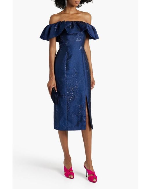 ML Monique Lhuillier Blue Off-the-shoulder Metallic Fil Coupé Cloqué Midi Dress