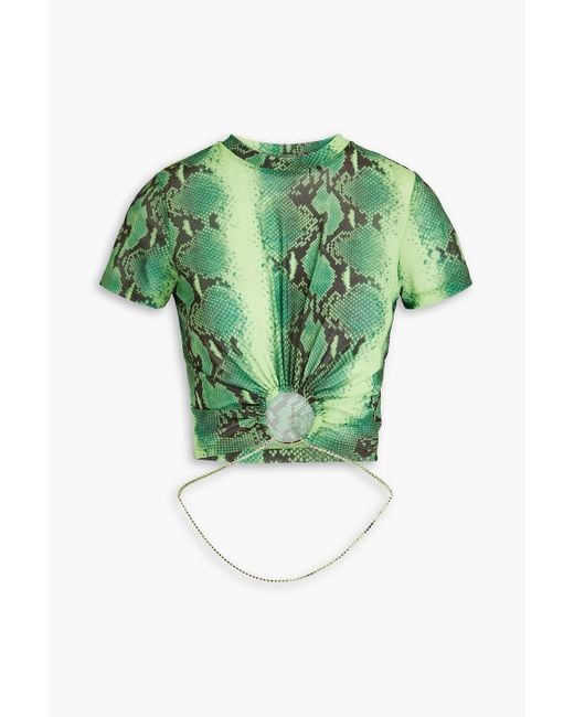 Cult Gaia Green Nevra Cropped Embellished Snake-print Stretch-mesh Top