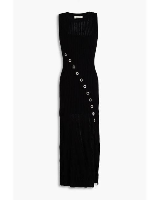 Sandro Black Embellished Ribbed Pointelle-knit Midi Dress