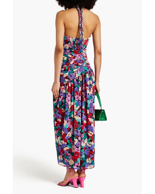 Nicholas White Ruched Printed Stretch-mesh Halterneck Midi Dress