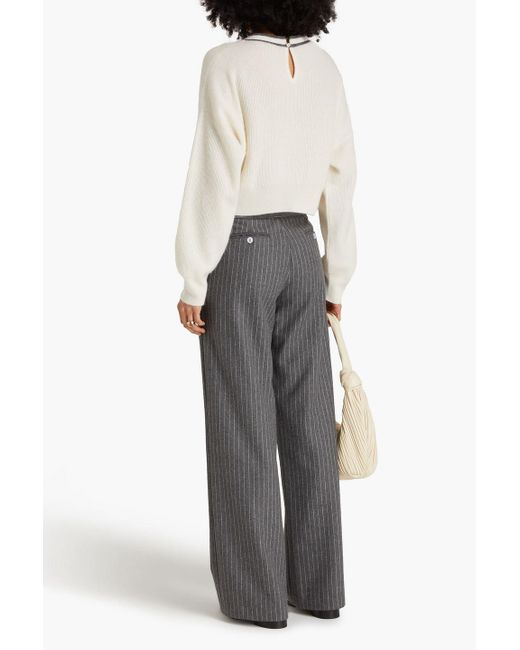 Brunello Cucinelli White Cropped pullover aus einer alpaka-baumwollmischung mit zierperlen