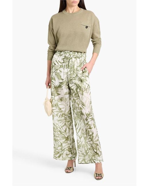 Brunello Cucinelli White Printed Silk-Voile Wide-Leg Pants