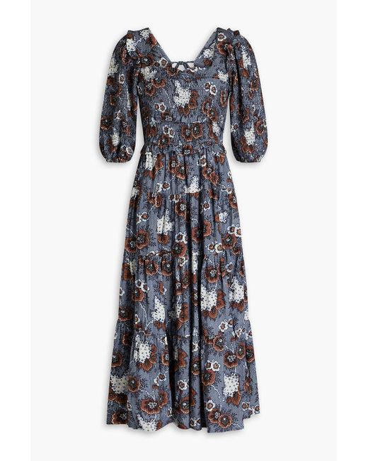 Sea Blue Lucinda Shirred Printed Cotton Midi Dress
