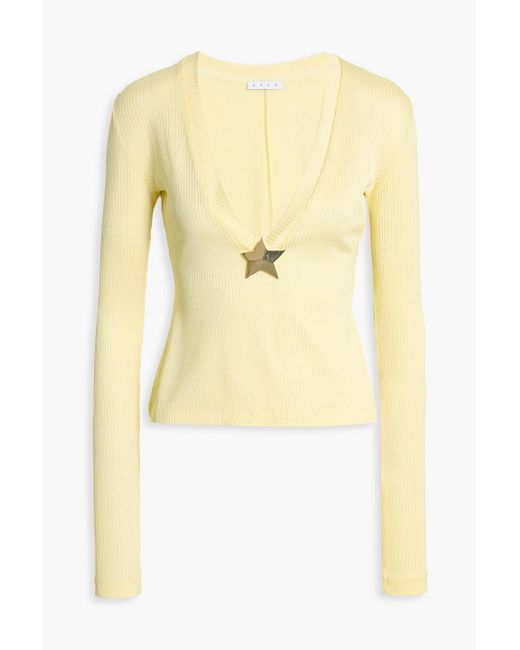 Area Yellow Embellished Ribbed Jersey Top