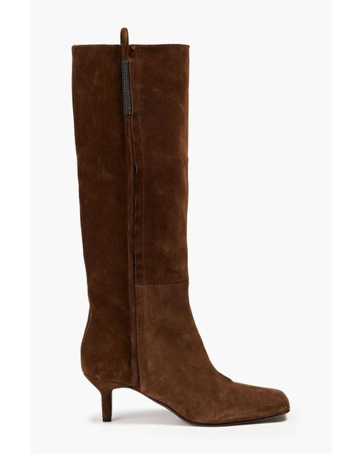 Brunello Cucinelli Brown Bead-embellished Suede Boots
