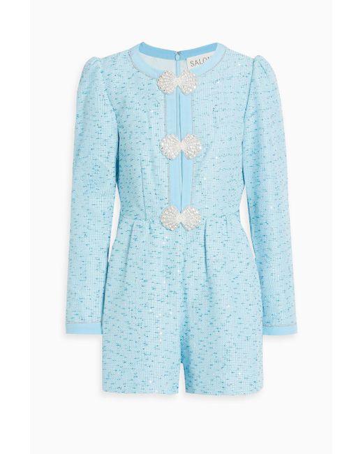 Saloni Blue Camille Cutout Embellished Cotton-Blend Tweed Playsuit