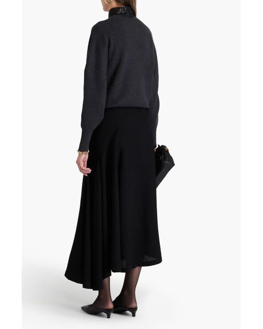 BITE STUDIOS Black Asymmetric Pleated Wool-crepe Midi Skirt
