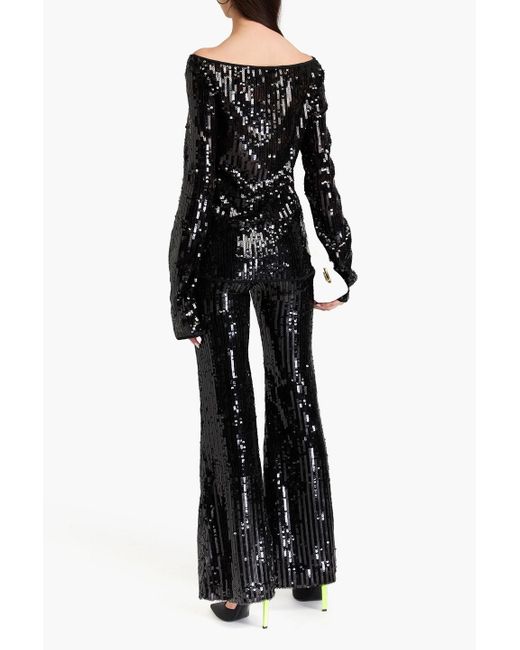 ROTATE BIRGER CHRISTENSEN Black Off-the-shoulder Sequined Stretch-mesh Top