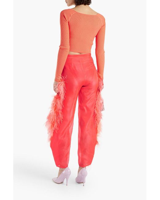 LAPOINTE Feather-embellished Silk-organza Tapered Pants