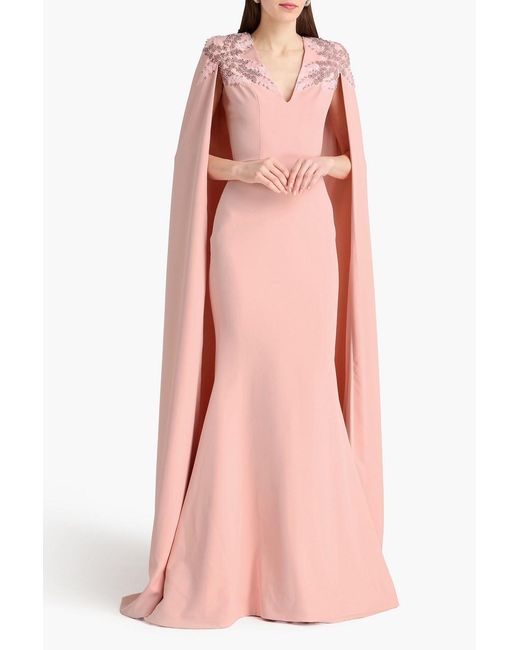 Rhea Costa Pink Dalia Embellished Cape-effect Twill Gown