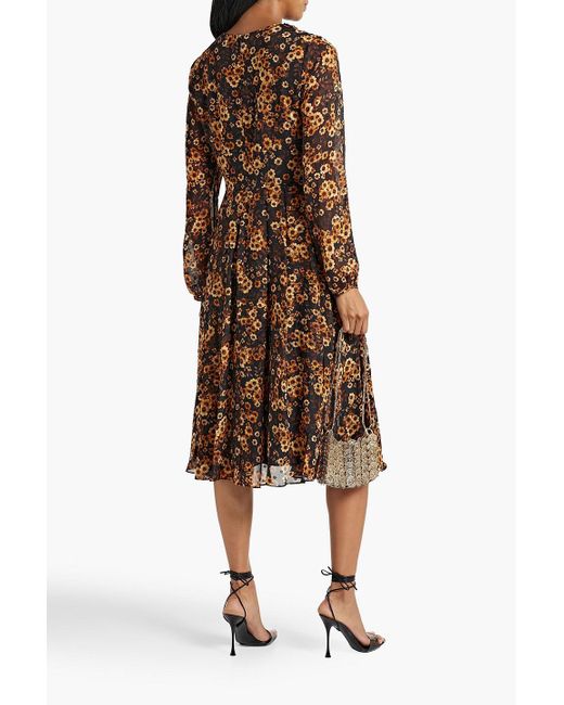 Mikael Aghal Brown Pleated Floral-print Metallic Fil Coupé Chiffon Dress
