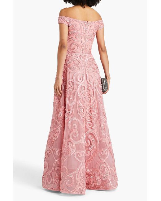Elie Saab Pink Aurora Off-the-shoulder Embellished Tulle Gown