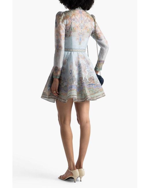 Zimmermann Gray Belted Paisley-print Linen And Silk-blend Organza Mini Dress