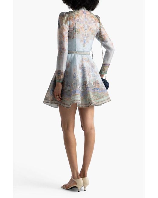 Zimmermann Gray Minikleid aus organza aus einer leinen-seidenmischung mit paisley-print und gürtel
