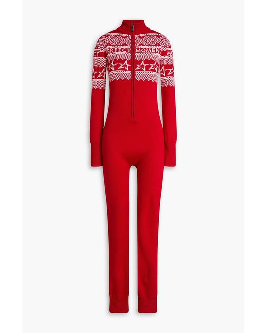Perfect Moment Red Holiday Cropped Fair Isle Intarsia Merino Wool Jumpsuit