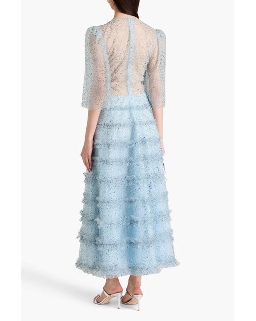 Costarellos Blue Ruffled Glittered Tulle Gown