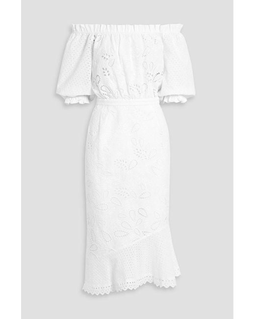 Saloni White Grace Off-The-Shoulder Broderie Anglaise Cotton Midi Dress