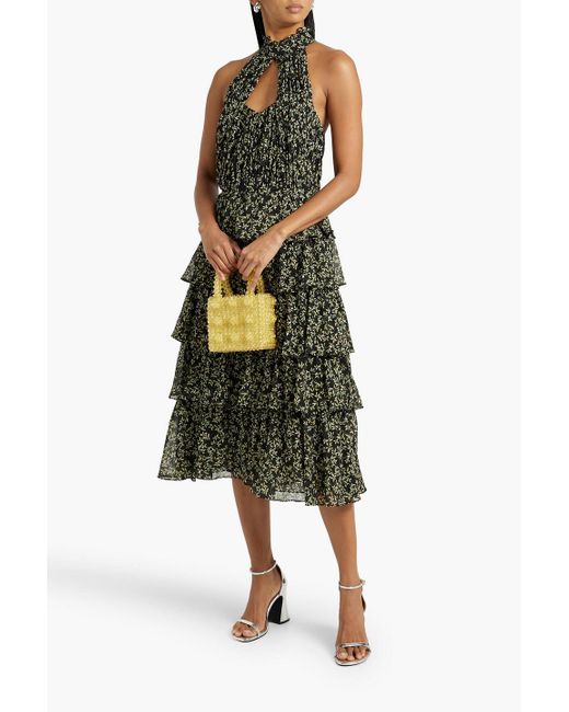Mikael Aghal Green Cutout Tiered Printed Crepe De Chine Midi Dress