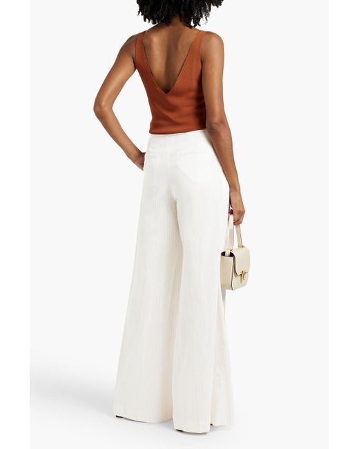 Max Mara White Pleated Striped Cotton And Linen-blend Wide-leg Pants