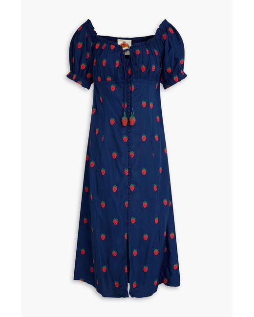 Farm Rio Blue Embroidered Crepe Midi Dress