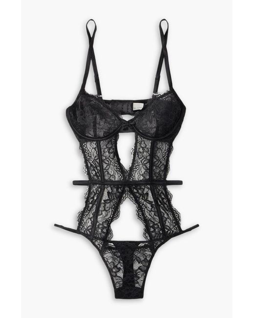 Fleur du Mal Black Naomi Silk-blend Satin-trimmed Cutout Stretch-lace Thong Bodysuit