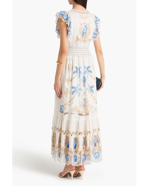 Farm Rio White Richelieu Embroidered Linen-blend Maxi Dress