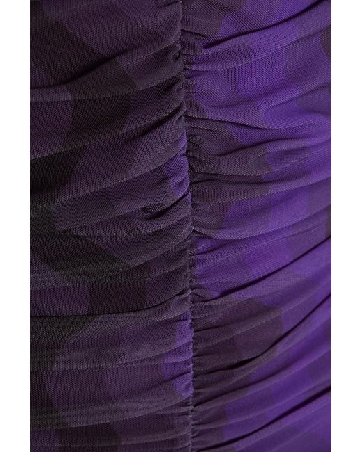 Ganni Purple Ruched Printed Stretch-mesh Midi Dress