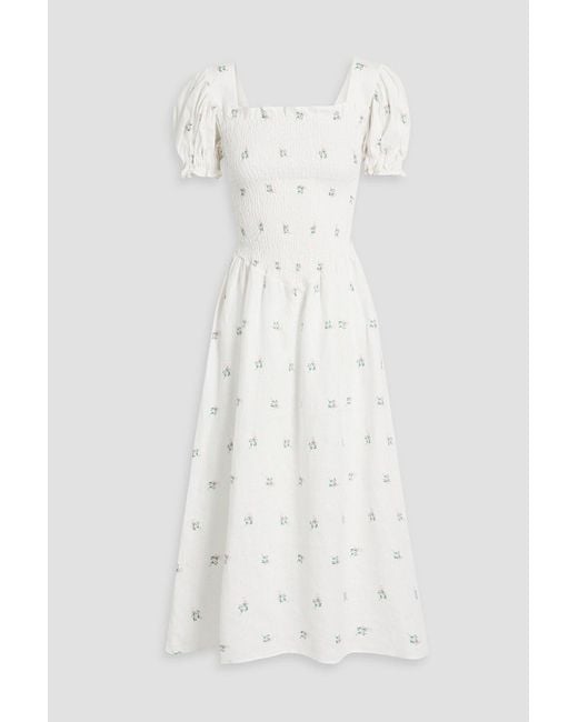 Sleeper White Belle Shirred Floral-print Linen Midi Dress