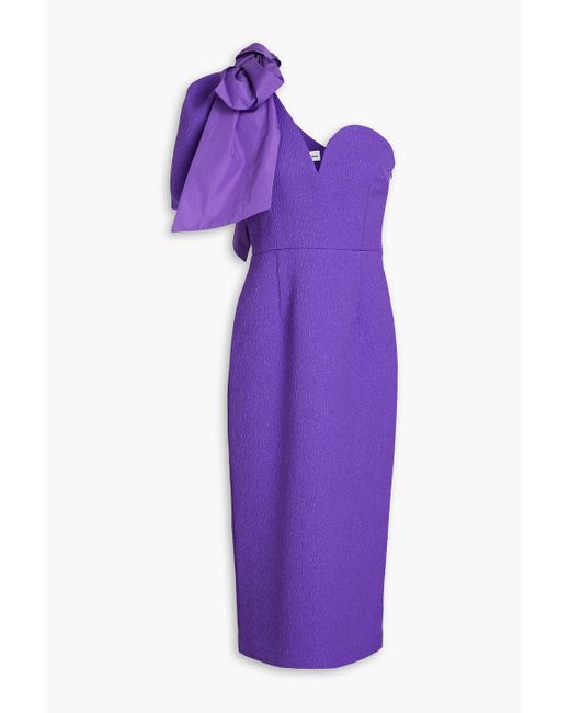 Rebecca Vallance Purple Rumi One-shoulder Bow-embellished Cloqué Midi Dress