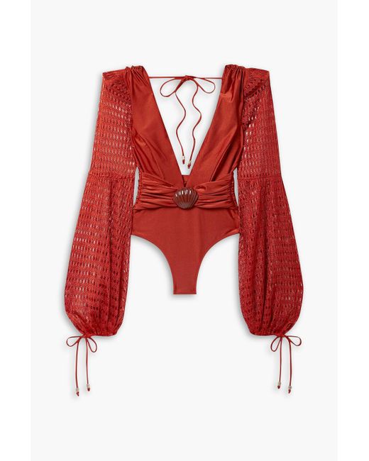 PATBO Red Embellished Crochet-paneled Satin-jersey Swimsuit