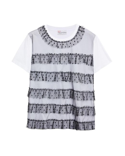 RED Valentino Gray Ruffled Glittered Tulle-trimmed Cotton-jersey Top