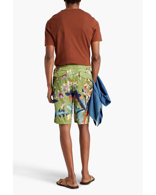 Etro Green Pleated Floral-print Satin Shorts for men