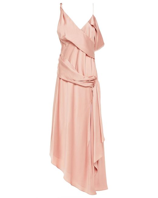 Jonathan Simkhai Asymmetric Draped Satin Midi Dress in Pink | Lyst
