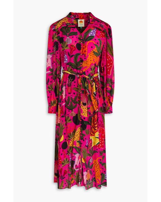 Farm Rio Red Belted Printed Crepe De Chine Midi Dress