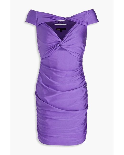 Maje Purple Off-the-shoulder Cutout Twisted Satin-jersey Mini Dress