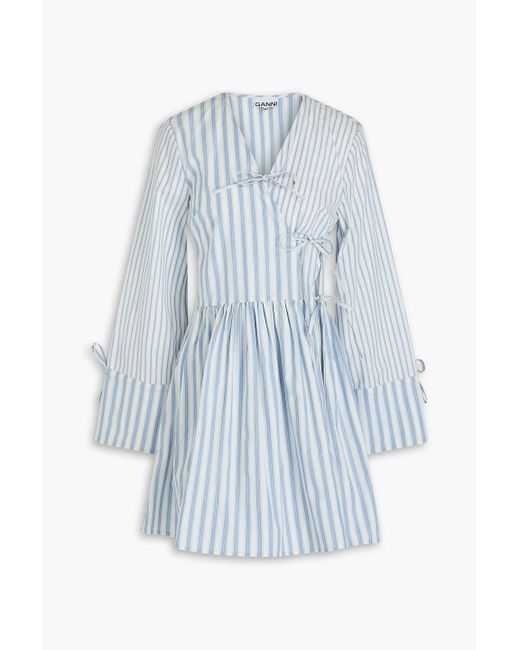 Ganni Blue Gestreiftes mini-wickelkleid aus baumwollpopeline mit bindedetail