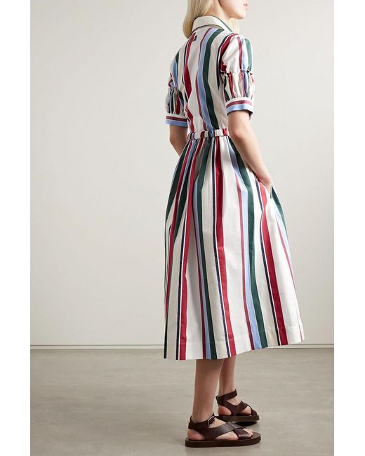 LaDoubleJ Libertine Belted Gathered Striped Cotton-Blend Poplin Midi Shirt Dress