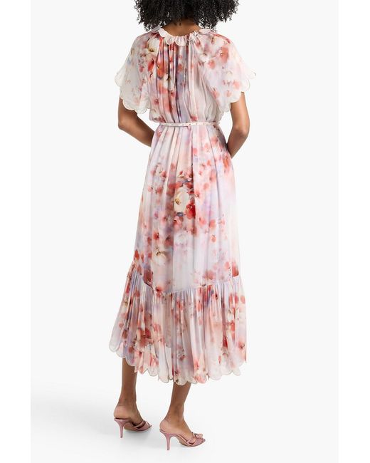 Zimmermann Pink Belted Scalloped Floral-Print Chiffon Midi Dress